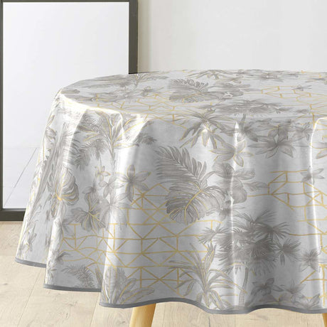 Coconut Metallic – Rund voksduk i grått med gulldetaljer Ø 155 cm