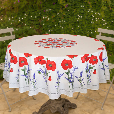 Coquelicot Lavanda Råhvid – Rund akrylbelagt provenceduk Ø 180 cm, miljø