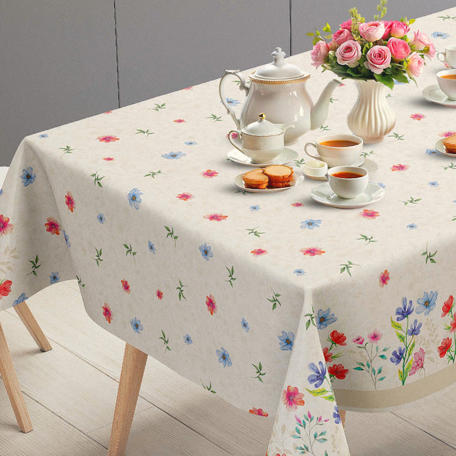 Engblomst Beige – Voksduk med blomsterbord, bordende