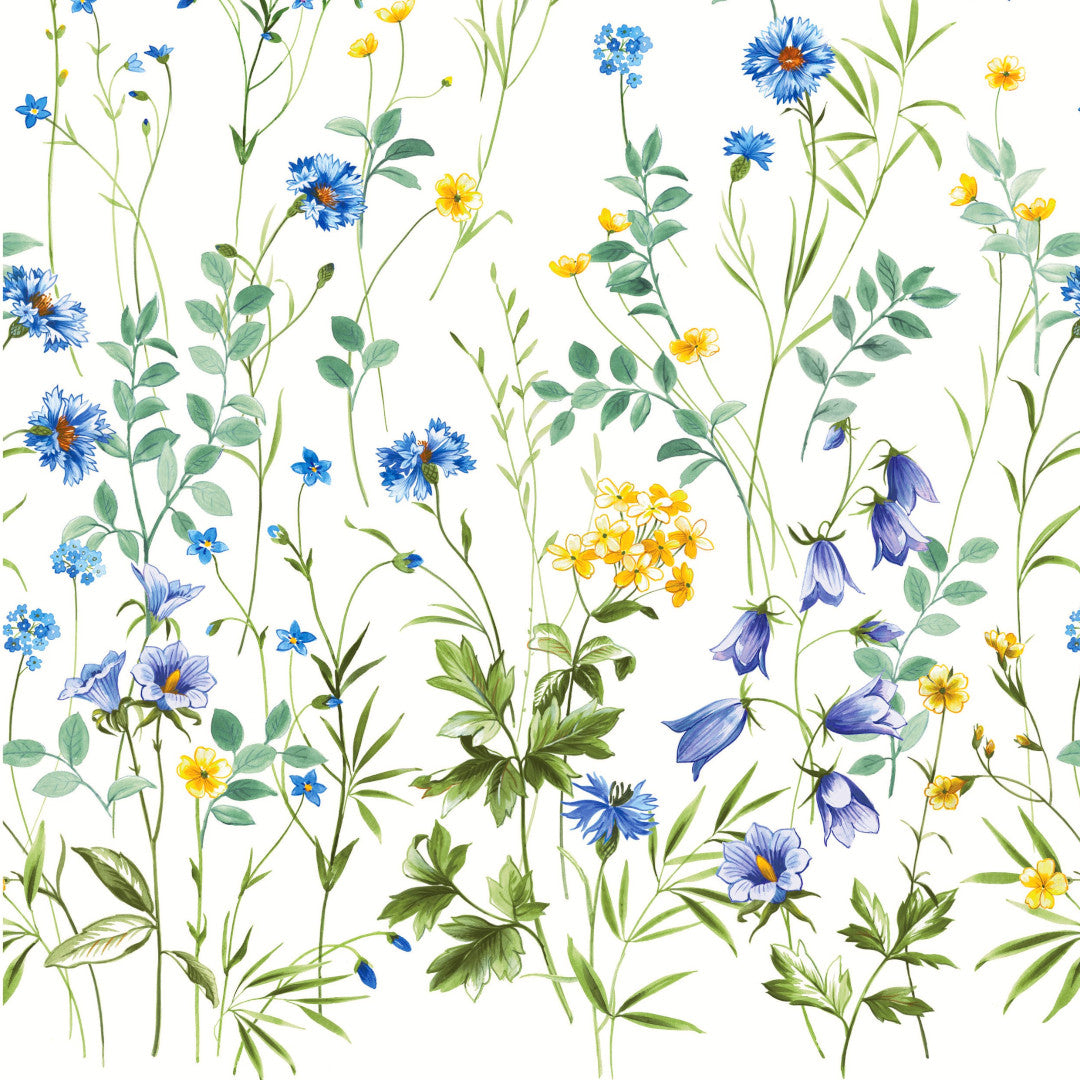 Engblomst Blå – Voksduk med fine ville blomster