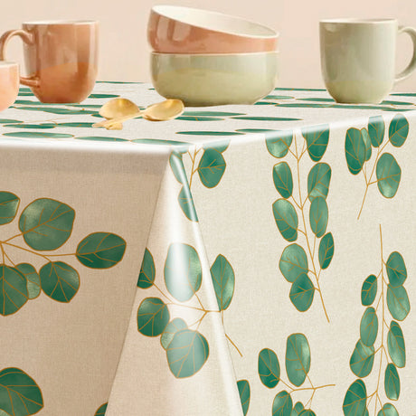 Eucalypta Linen – Voksduk med gyldne blader hjørne