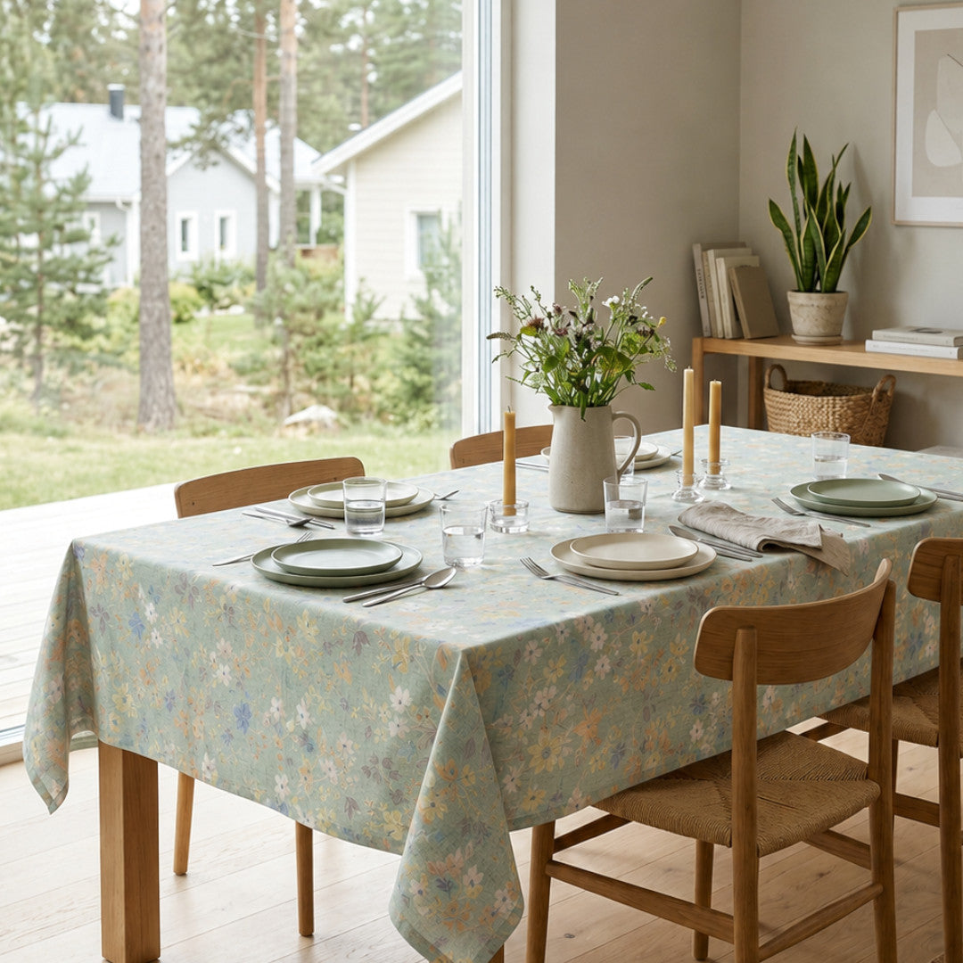 Fiore Verde – Akrylduk med pastellblomster på støvet mintgrønn