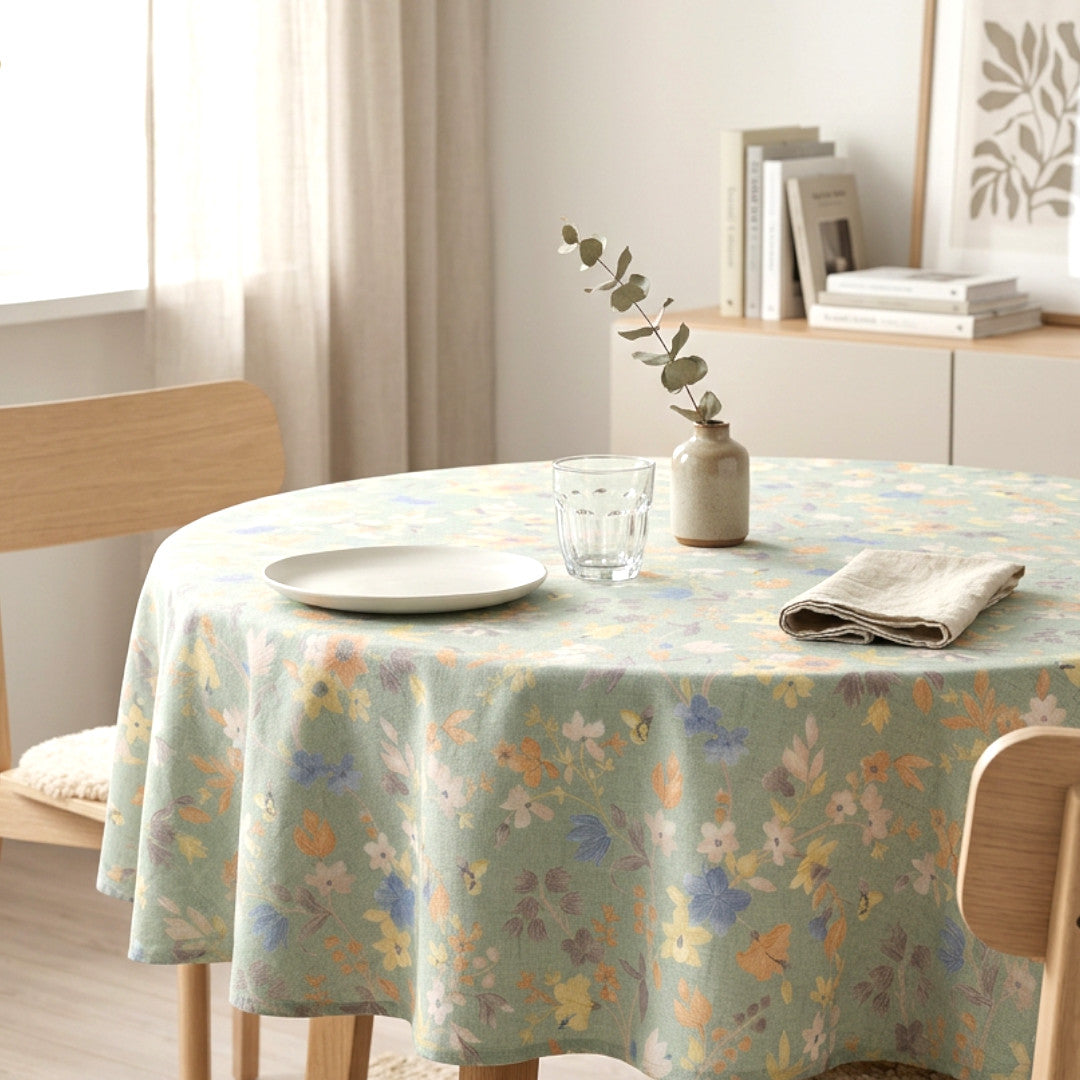 Fiore Verde – Akrylduk med pastellblomster på støvet mintgrønn