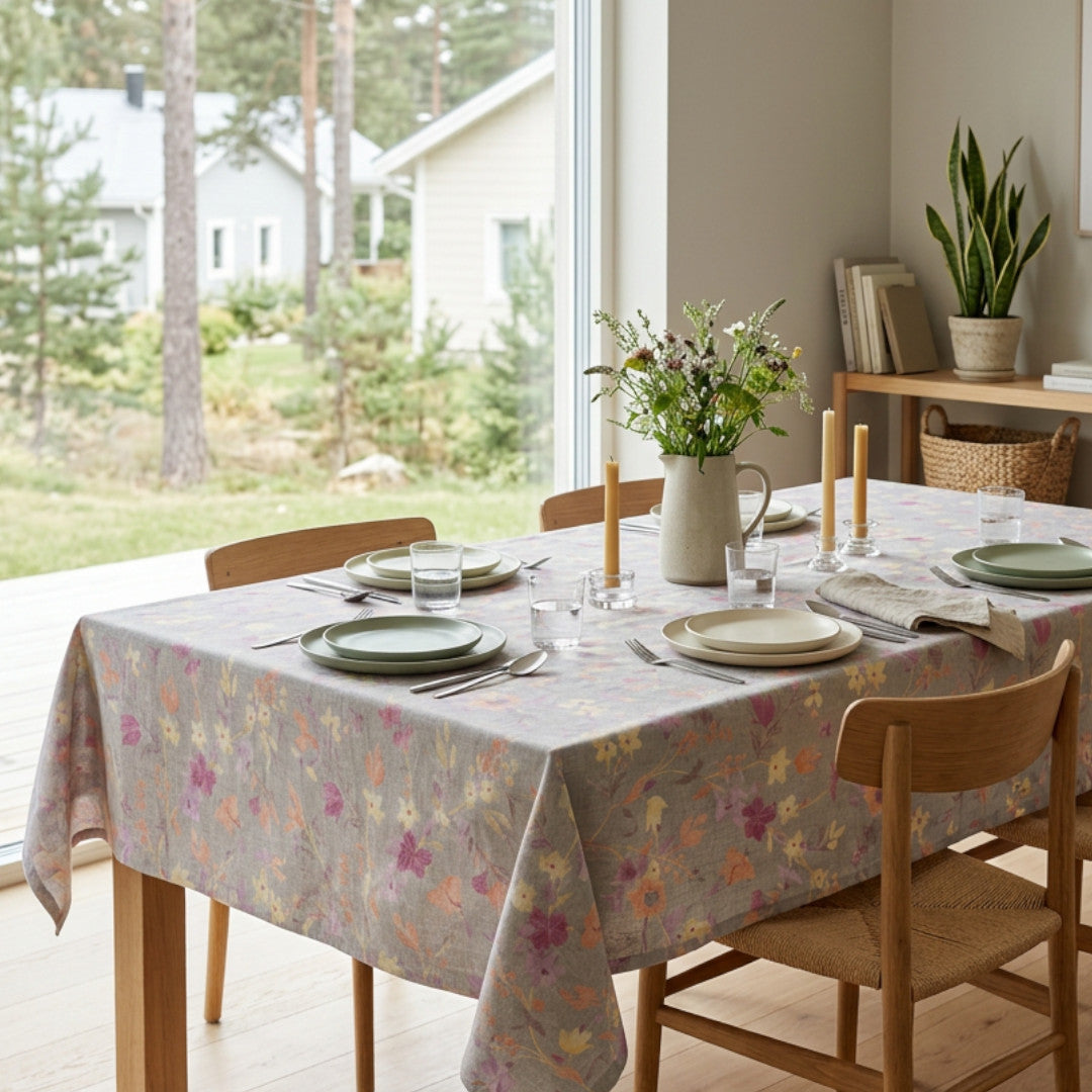 Fiorenza – Akrylduk med pastellblomster på grått linlook