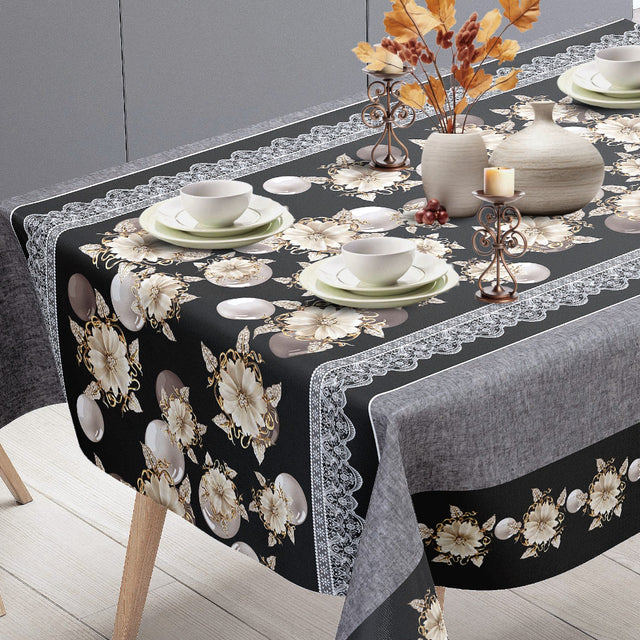 Floria Sort – Dekorativ voksduk med blomsterbord, ende