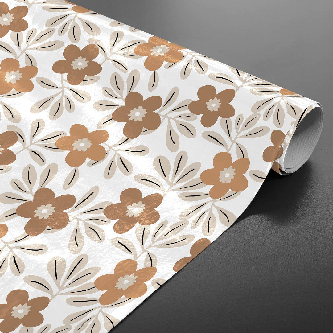 Flory Ochre – Voksduk med blomster i varme okratoner, rullet