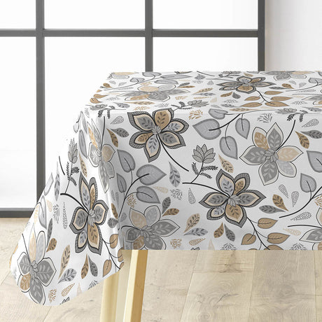 Gloriette – Voksduk med blomster i varme grå og sandfarger, hjørne