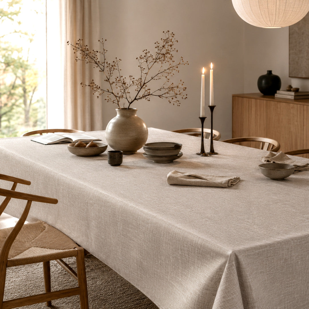 Groblad Beige – Ekstra bred voksduk med linutseende 180 cm, stuemiljø