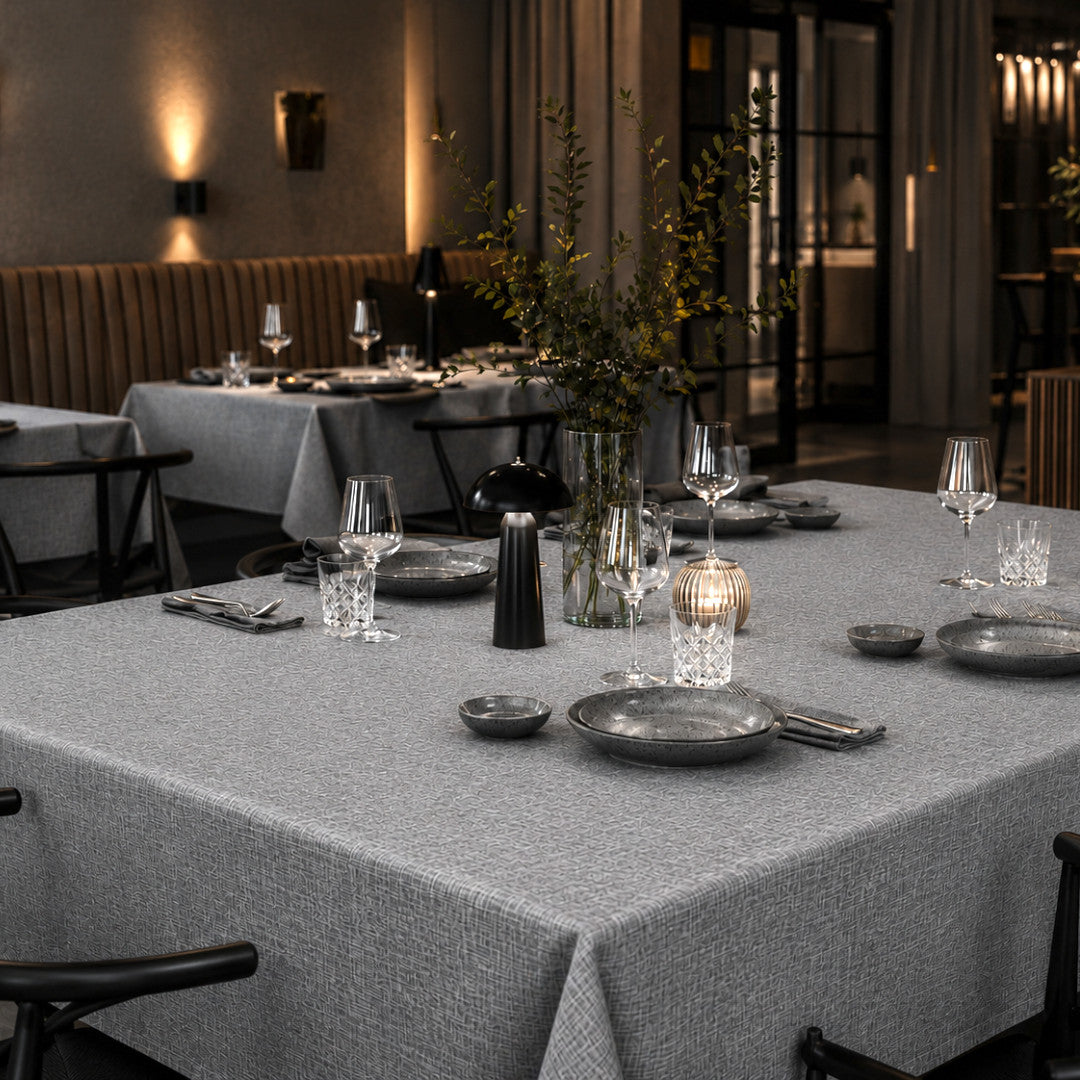 Groblad Grå – Ekstra bred voksduk med linutseende 180 cm, restaurantmiljø