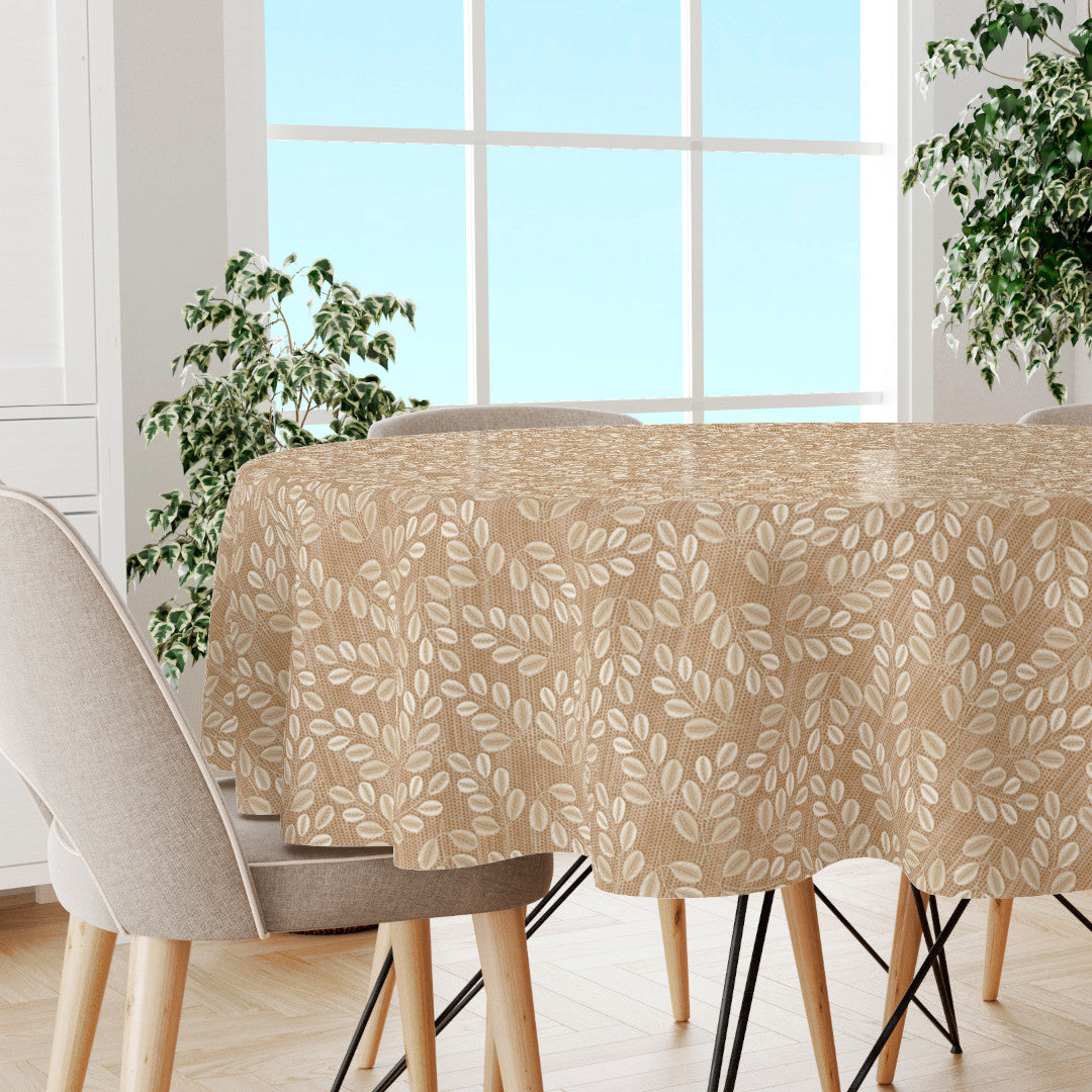 Hessian Leaf Beige – Rund lett preget voksduk med bladmotiv, miljø