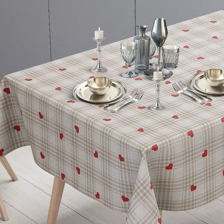 Hjertetern – Beige voksduk med ruter og røde hjerter, bordende