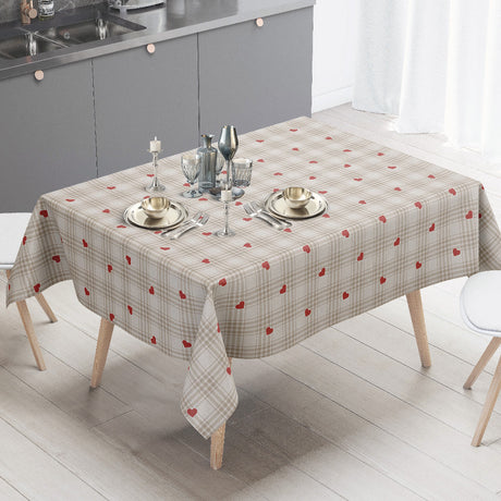 Hjertetern – Beige voksduk med ruter og røde hjerter, miljø