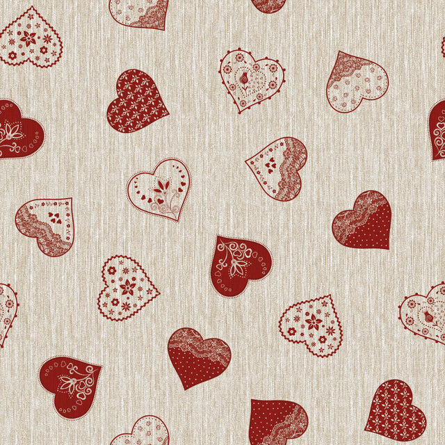 Hjertevarme – Beige voksduk med røde hjerter