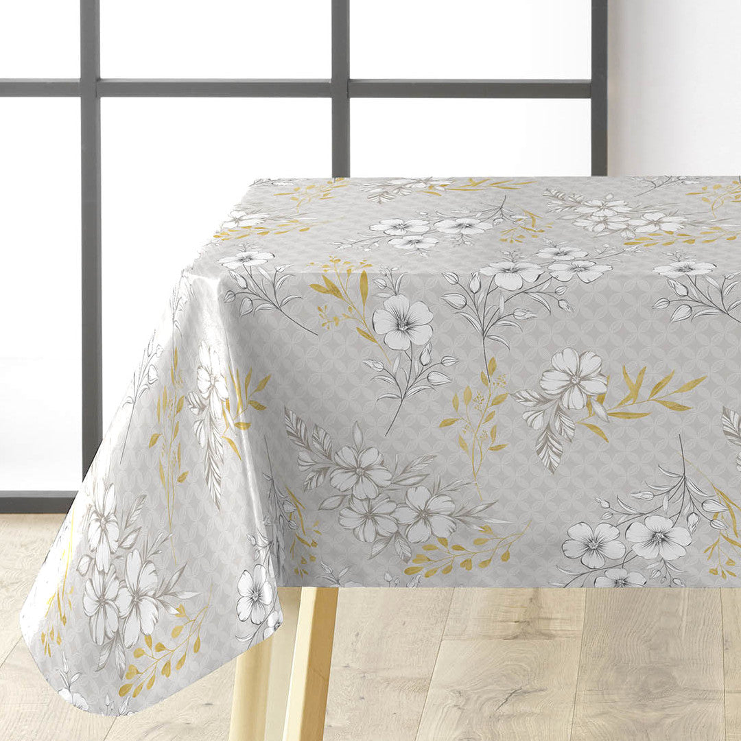 Hortense – Voksduk med blomstrete mønster i gyldne og nøytrale toner, hjørne
