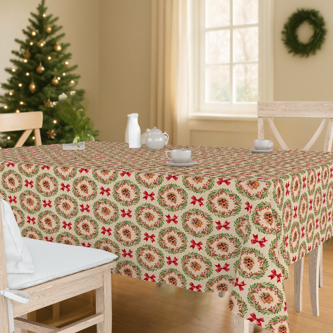 Julekrans – Juleakrylduk med kongler, røde bånd og linlook, miljø