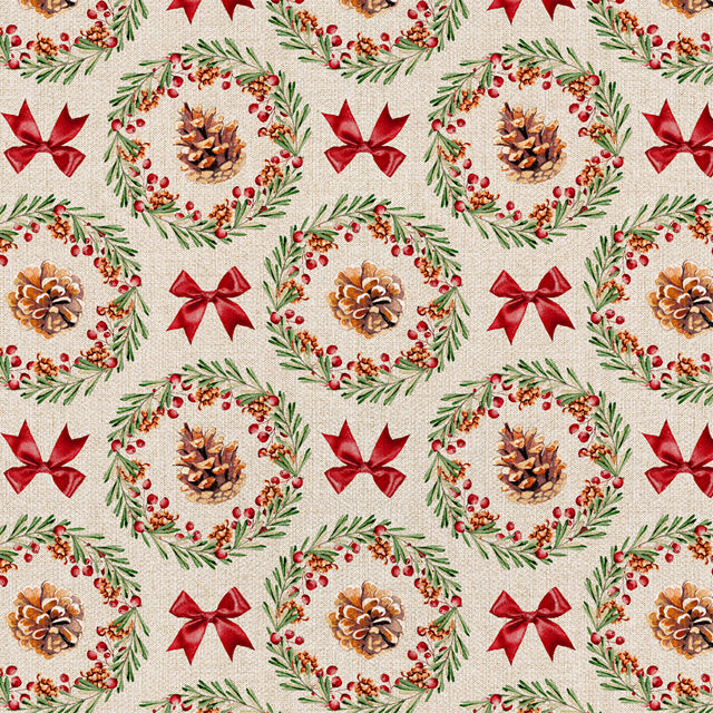 Julekrans – Juleakrylduk med kongler, røde bånd og linlook, motiver