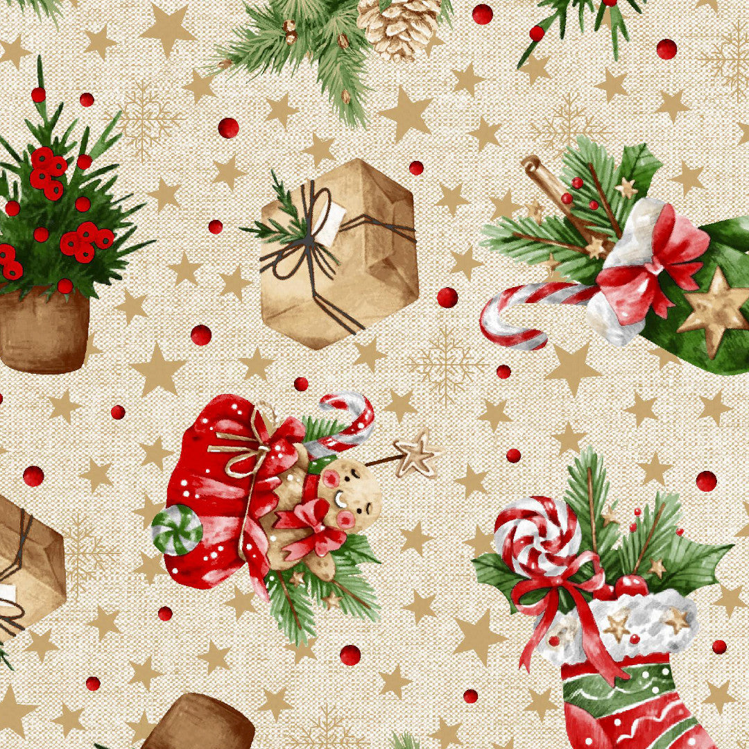 Julestrømpe & Gledelig Jul – Juleakrylduk med klassiske julemotiver, nærbilde