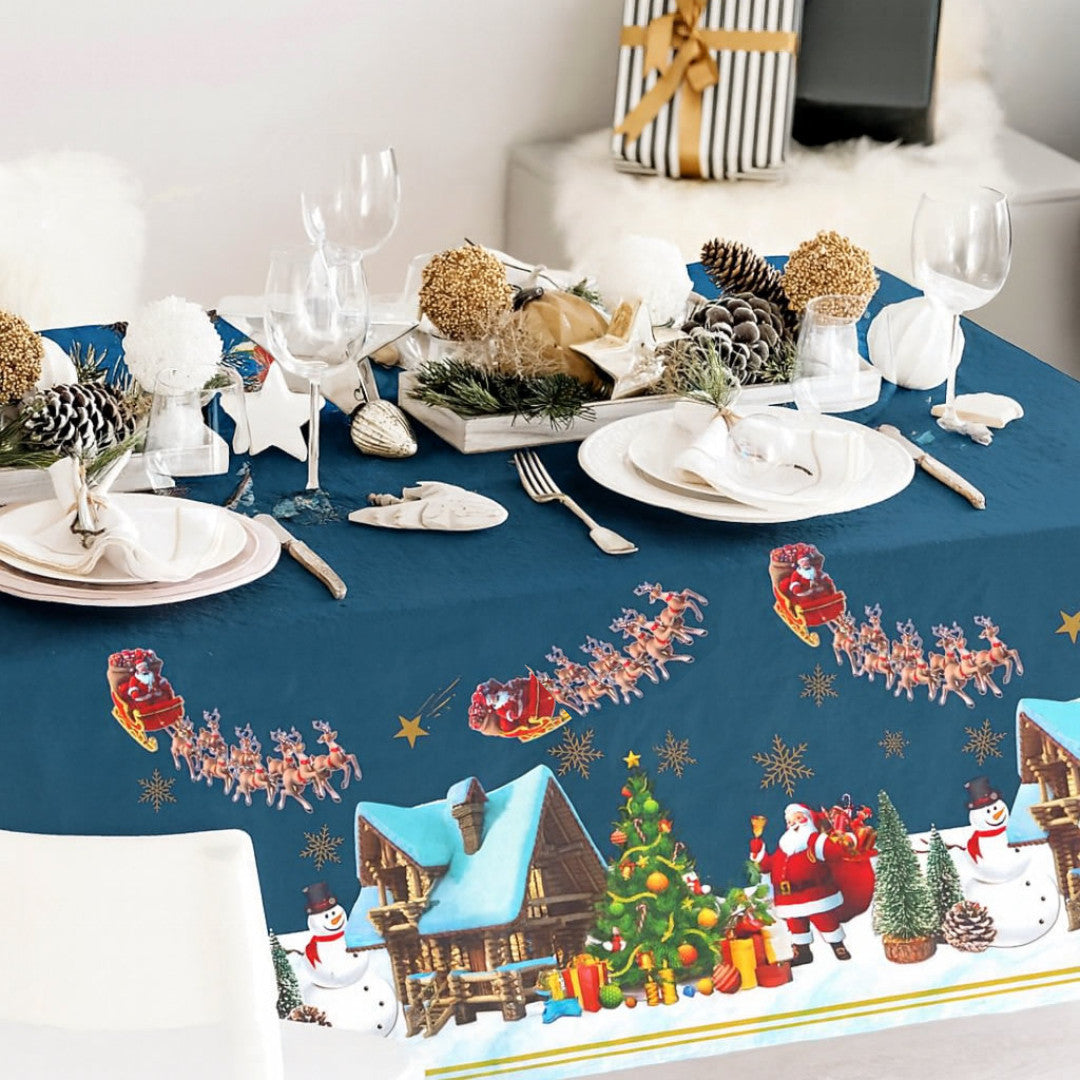 Grignols Blå – Festlig julevoksduk med julenisser og snømenn