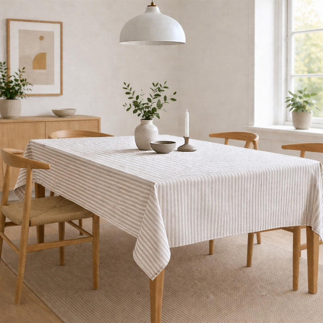 Lam Lino – Jacquardvevd akrylduk med striper i linlook, 180 cm, miljø