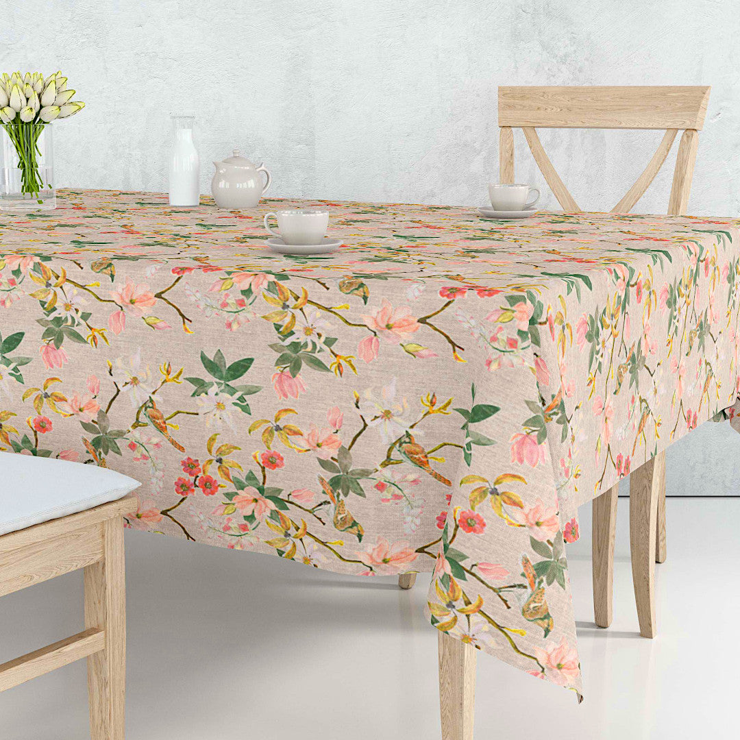 Forårsgren – Akrylduk i linlook med blomster og fugler, miljø