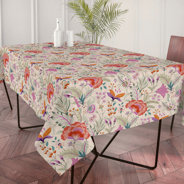 Lino Fiora – Akrylduk i linlook med blomster, 160 cm bred, miljø
