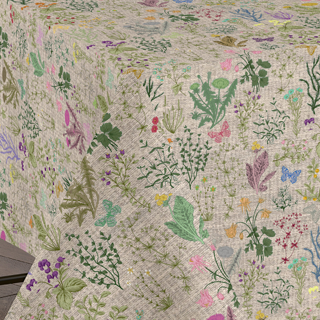 Lino Meadow – Akrylduk med blomster og natur i elegant linlook, hjørne