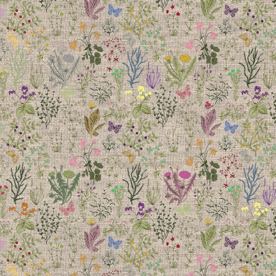 Lino Meadow – Akrylduk i linlook med blomster og natur, 160 cm, mønster
