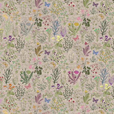 Lino Meadow – Akrylduk i linlook med blomster og natur, 160 cm, mønster