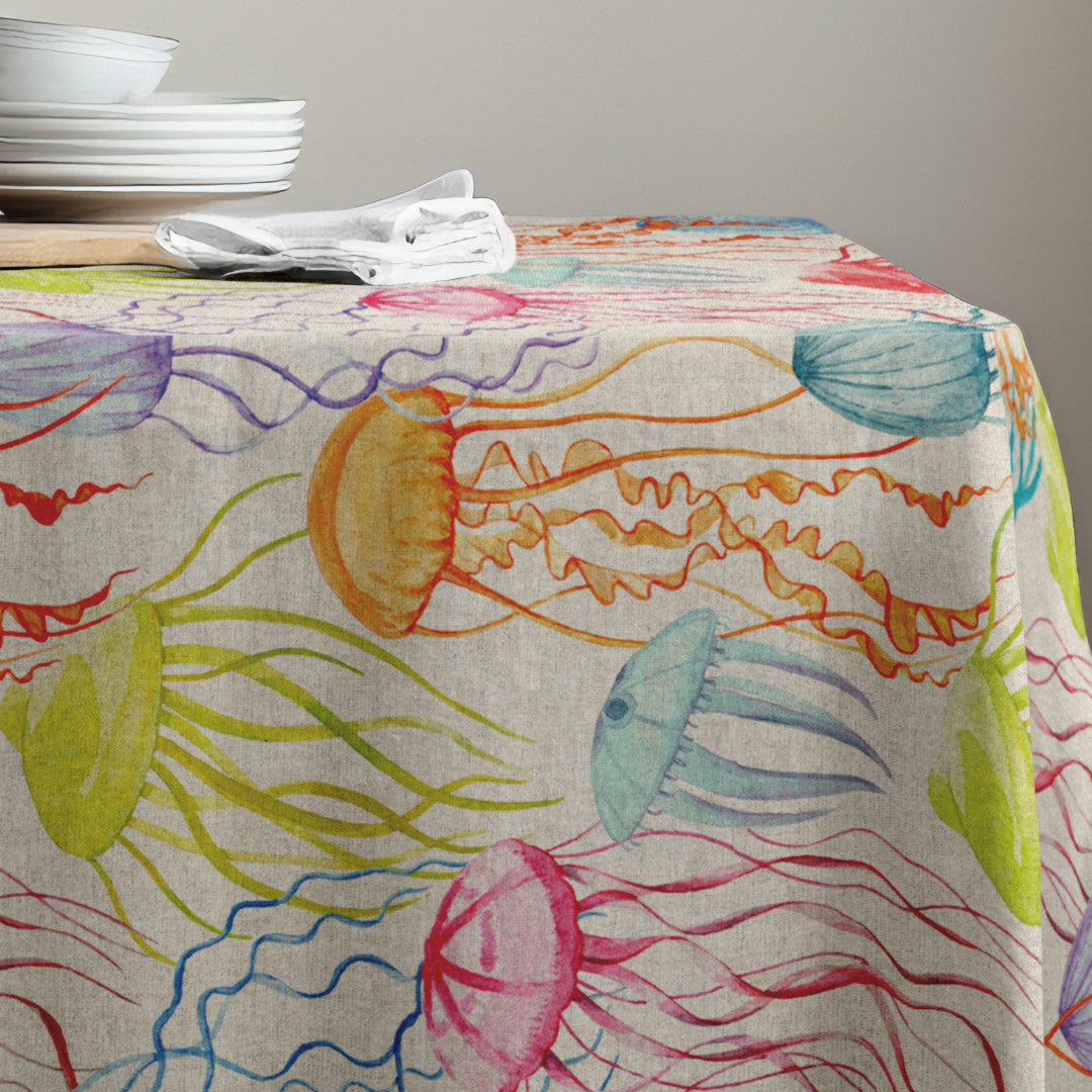 Lino Medusa – Akrylduk med fargerike maneter i linlook, 160 cm, hjørne