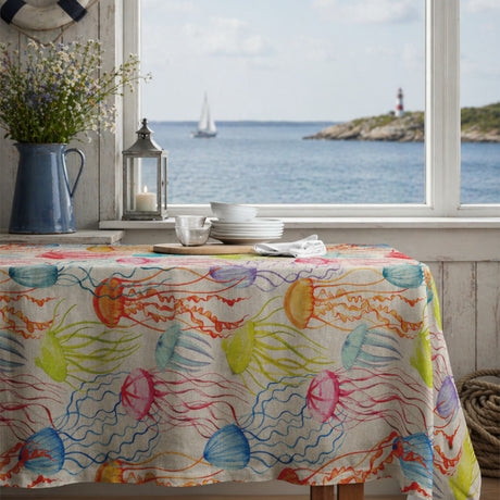 Lino Medusa – Akrylduk med fargerike maneter i linlook, miljø