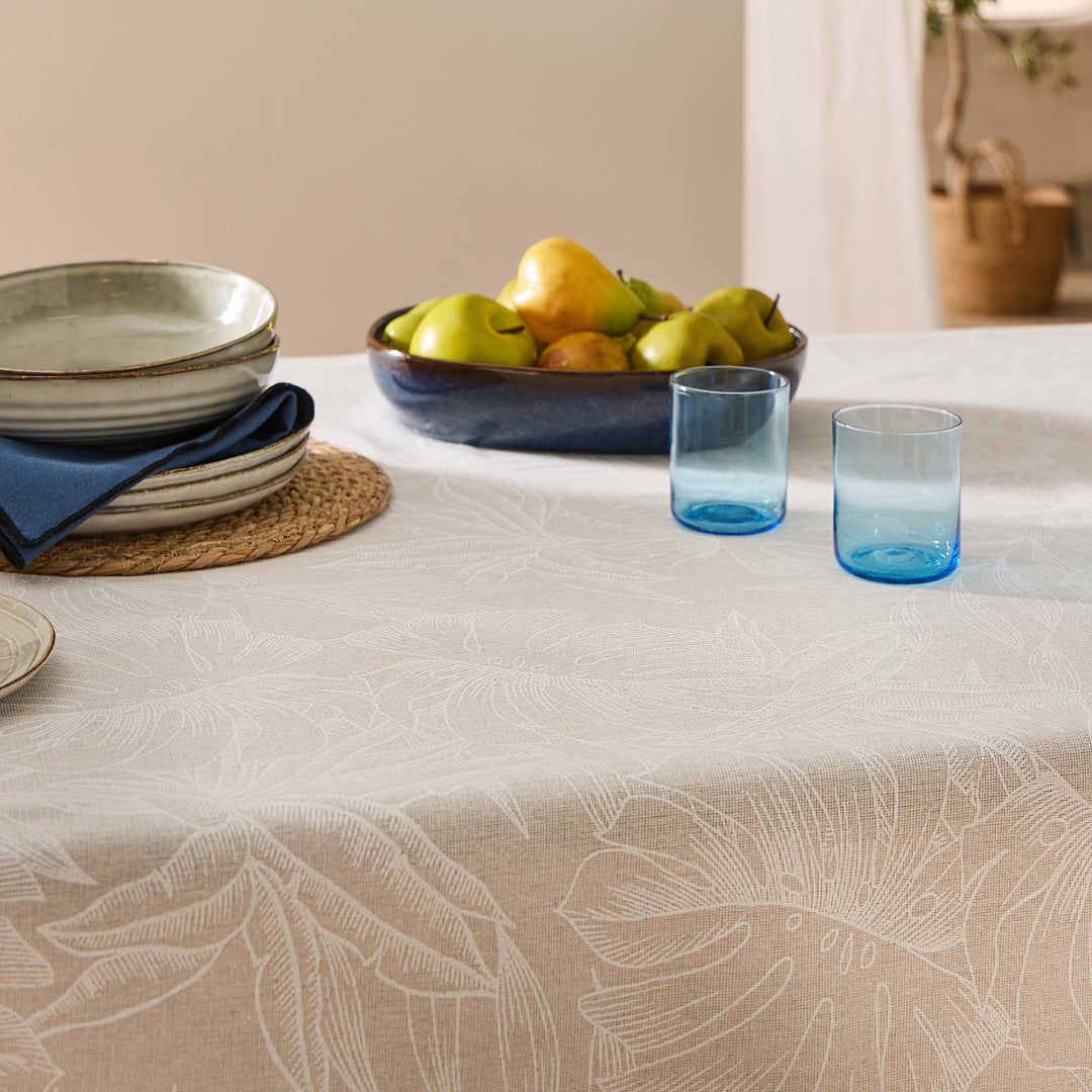 Lorenza – Bordduk i linlook med stort bladmønster – 140 x 240 cm, nærbilde