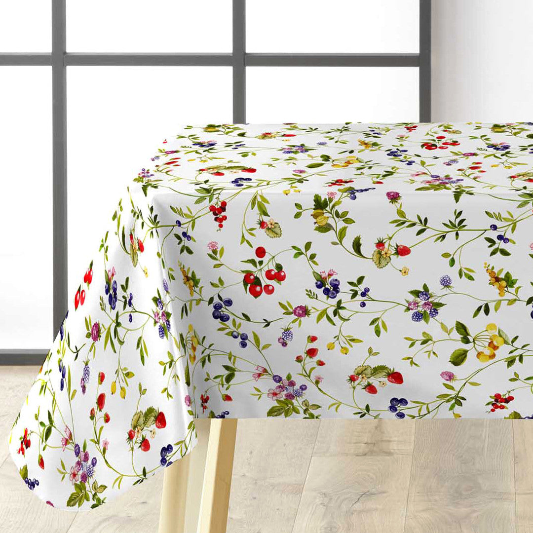 Lydia Sommerbær – Voksduk med ville bær og blomster i glade farger, hjørne