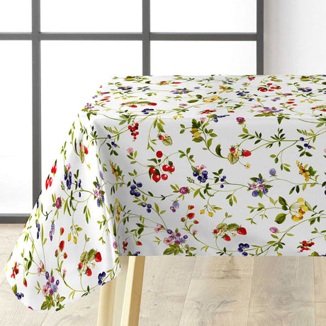 Lydia Sommerbær – Voksduk med ville bær og blomster i glade farger, hjørne