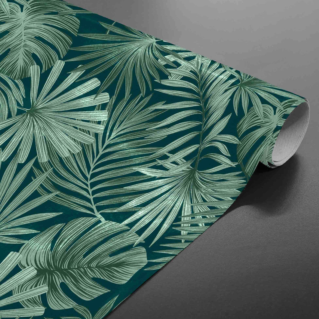 Malawi Vert - Voksduk med grafisk palmebladmønster rullet