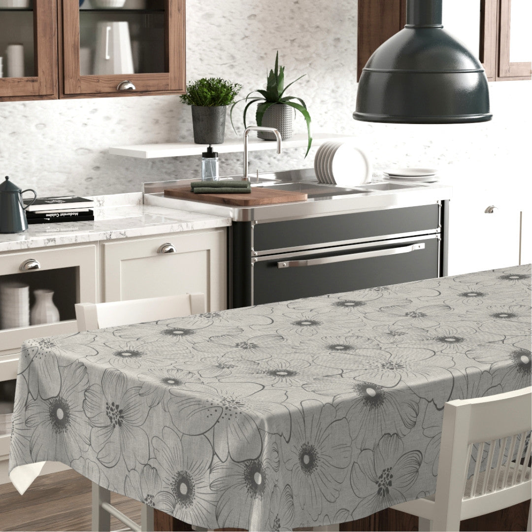 Mare Grå – Voksduk med blomstertrykk og linlook, miljø