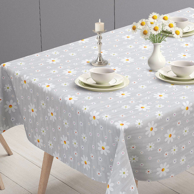 Marguerite – Grå voksduk med hvite margeritter, bordende