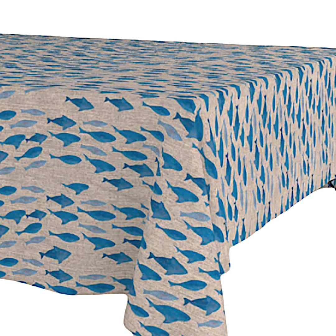 Marino Blåfisk – Akrylduk i linlook med maritimt mønster, 160 cm, hjørne