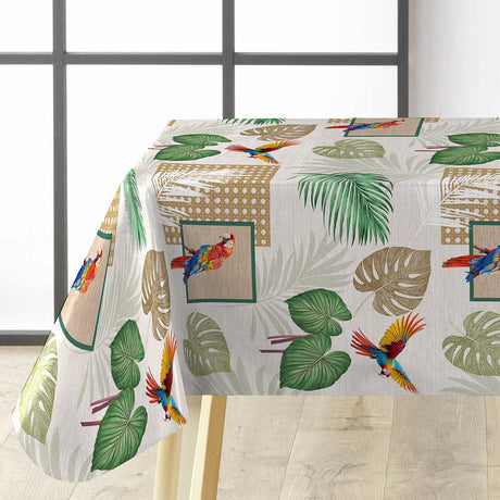 Natis – Tropisk voksduk med papegøyer og palmeblader hjørne