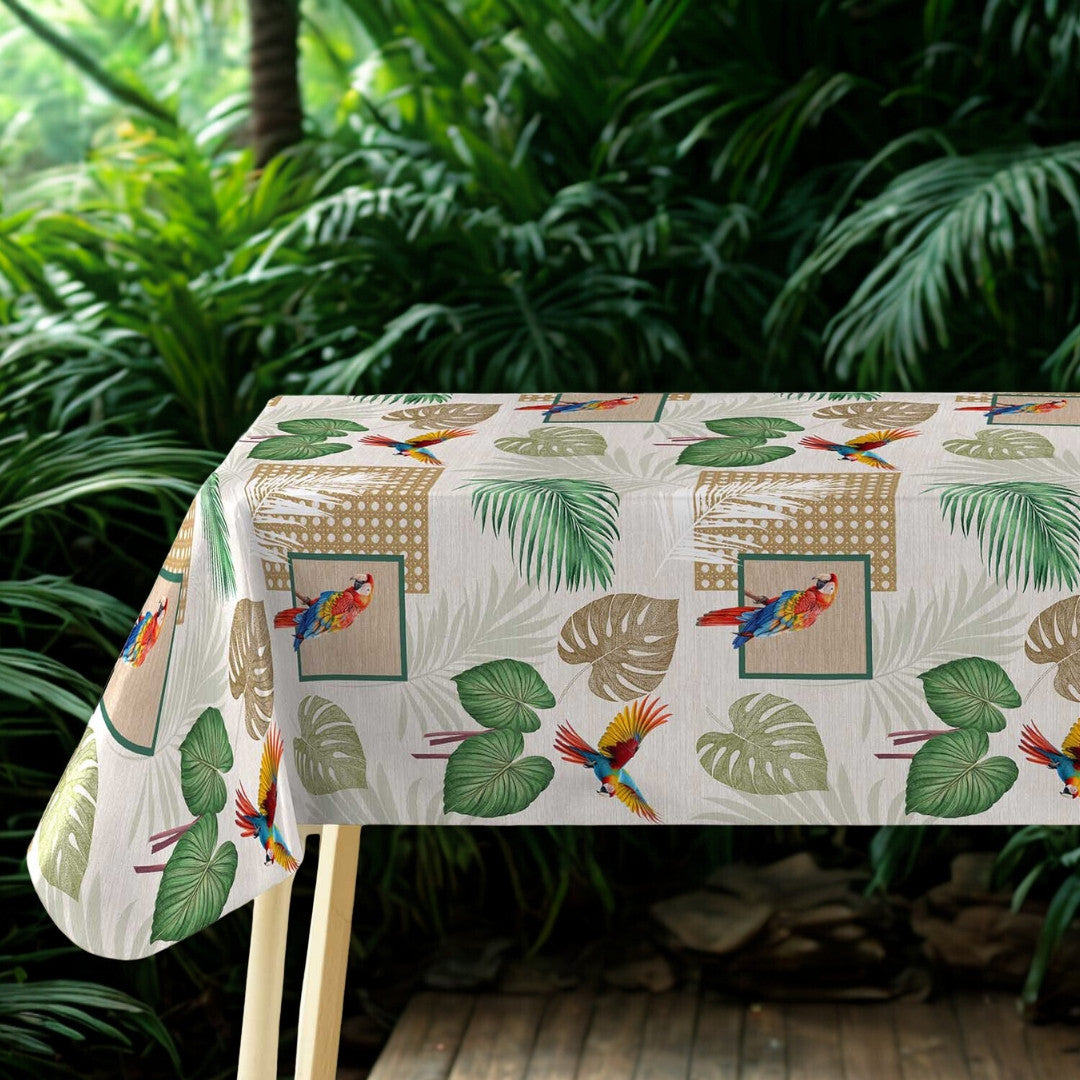Natis – Tropisk voksduk med papegøyer og palmeblader regnskog