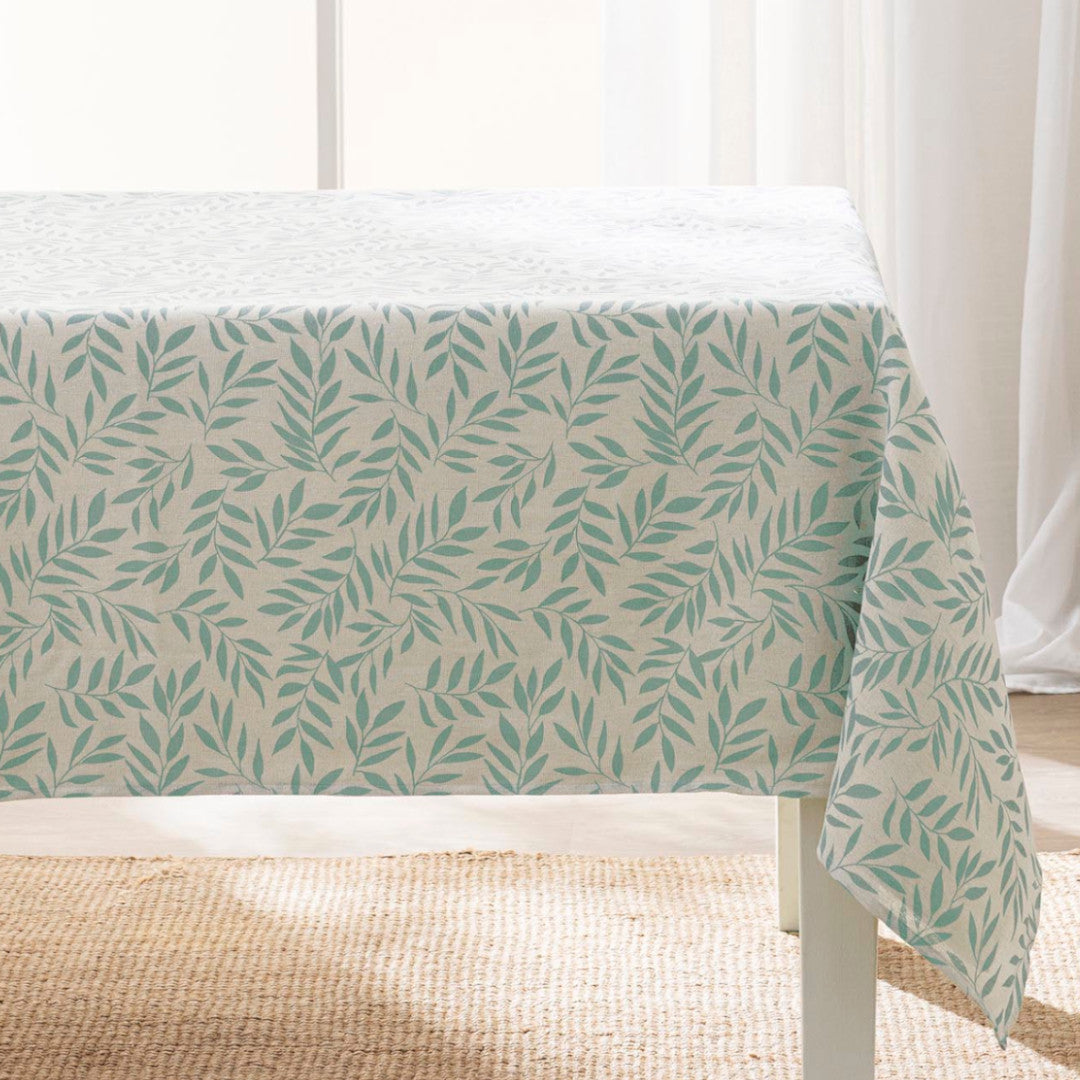 Naya Sauge – Bordduk i linlook med fint bladmønster – 140 x 240 cm