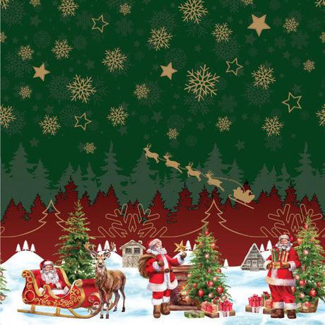 Nisseby – Grønn julevoksduk med julenisse og snødekt landskap, mønster