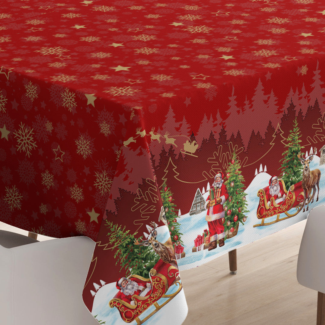 Nisseby – Rød julevoksduk med julenisse og snødekt landskap, hjørne