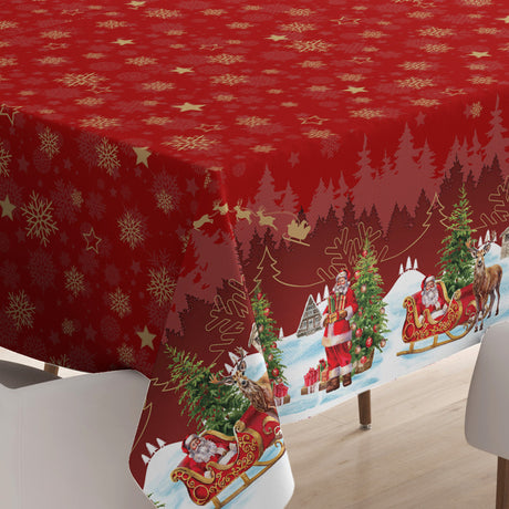 Nisseby – Rød julevoksduk med julenisse og snødekt landskap, hjørne