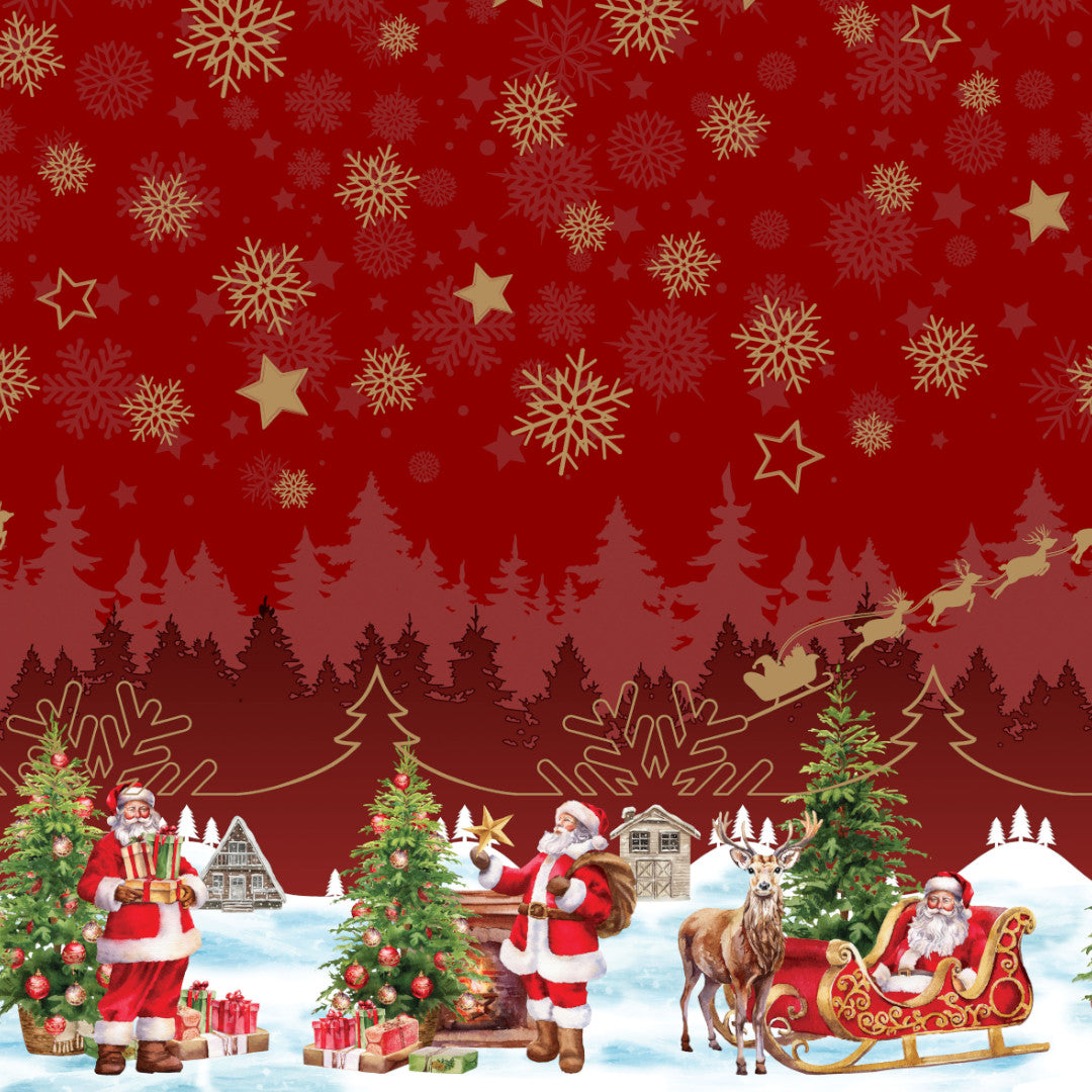 Nisseby – Rød julevoksduk med julenisse og snødekt landskap, mønster