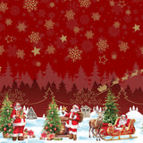 Nisseby – Rød julevoksduk med julenisse og snødekt landskap, mønster