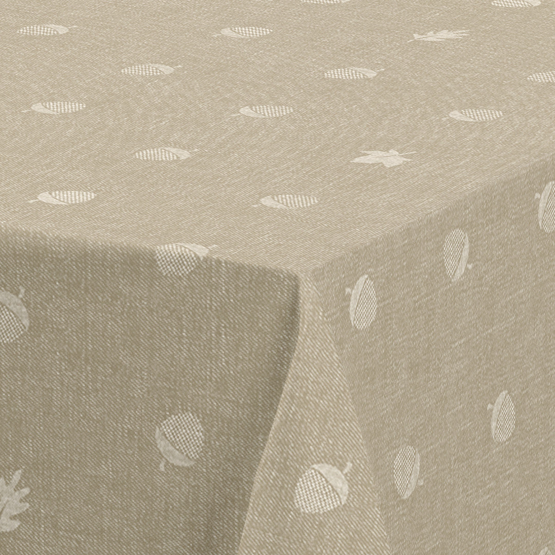 Nordfavn Bolota Beige – Voksduk med eikenøtter og blader i lintrykk, hjørne