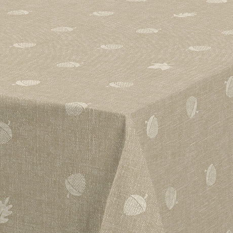 Nordfavn Bolota Beige – Voksduk med eikenøtter og blader i lintrykk, hjørne