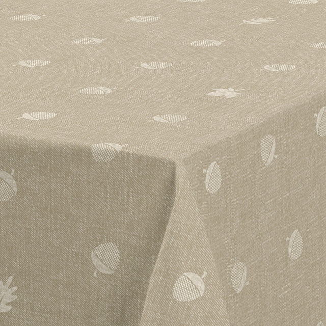Nordfavn Bolota Beige – Voksduk med eikenøtter og blader i lintrykk, hjørne