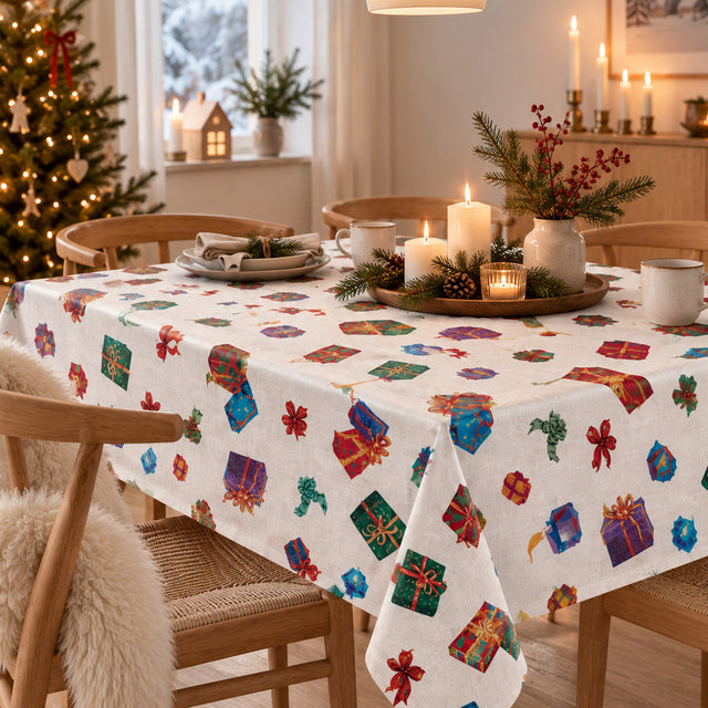Nordfavn Cadeaux de Noël – Julevoksduk med gaver og lyst linlook, miljø