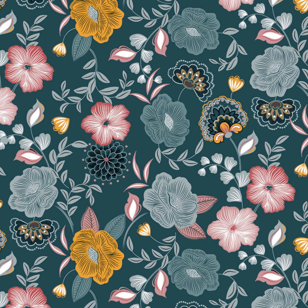 Nordfavn Chouchou Petrol – Voksduk med dekorativt blomsterprint, mønster